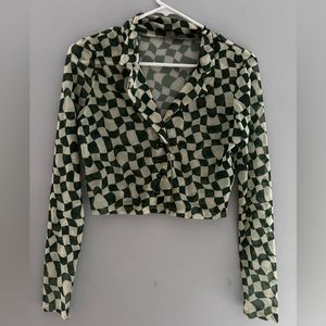 Bailey Rose Sheer Green and White Geometric Long-sleeved Cropped Top